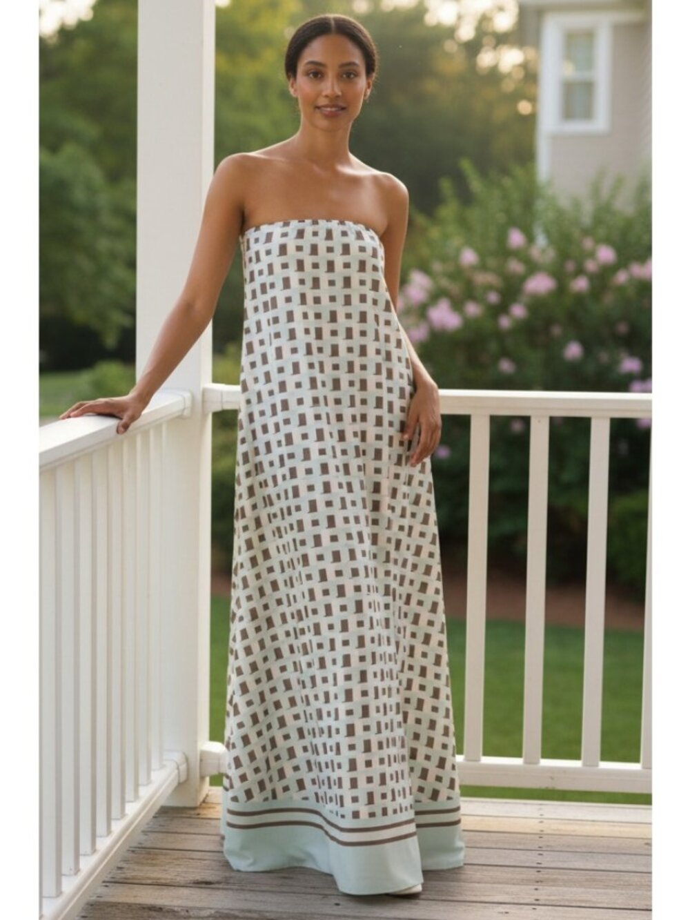 Strapless Column Tube Dress Smocked Backless Bandeau Printed Flowing Long Maxi